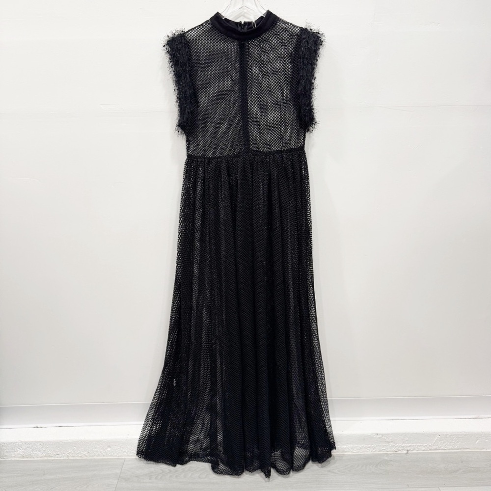 Posh Shoppe Black Mesh Maxi Dress Feather Trim High Neck Size 1X